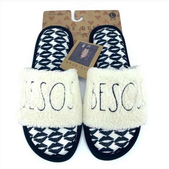Rae Dunn House Slide Slippers Black Ivory Besos Kisses Romantic Large 9-10 New - Picture 1 of 9